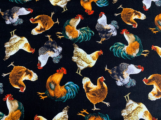 Chicken fabric on black cotton C8339 Chickens cotton fabric