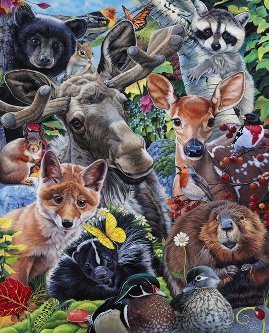 New England wildlife quilt panel 35.5" x 44" Forest Animal Moose bear deer fabric