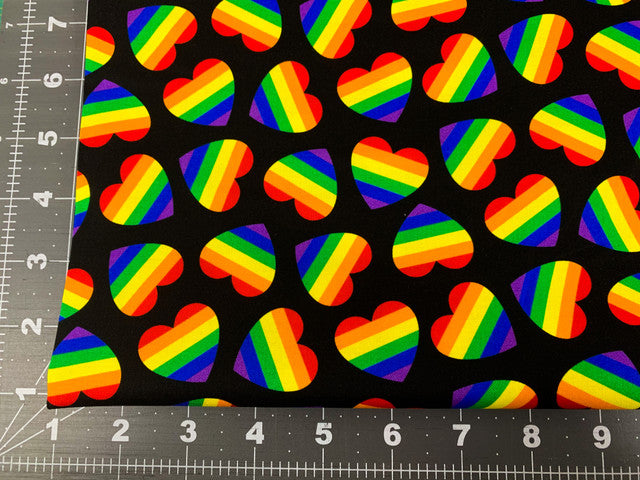 Rainbow Hearts fabric CD1435 Hearts on black
