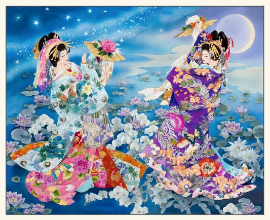 Geisha Girls Quilt Panel w Metallic M3408Cream 36" x 44"